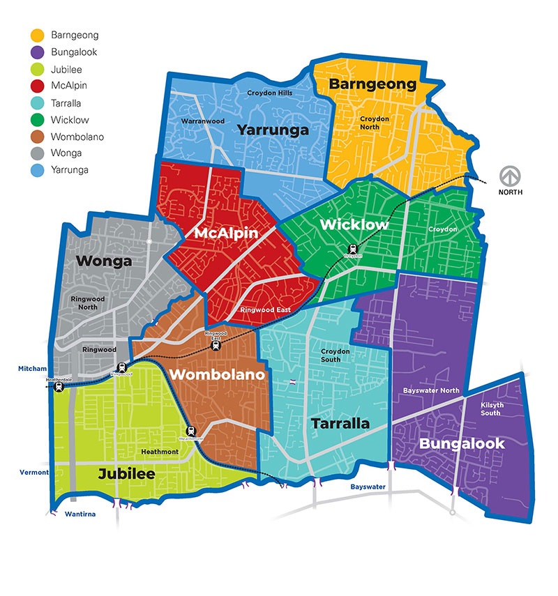 Map of Maroondah's ward boundaries, for each of the 9 wards.