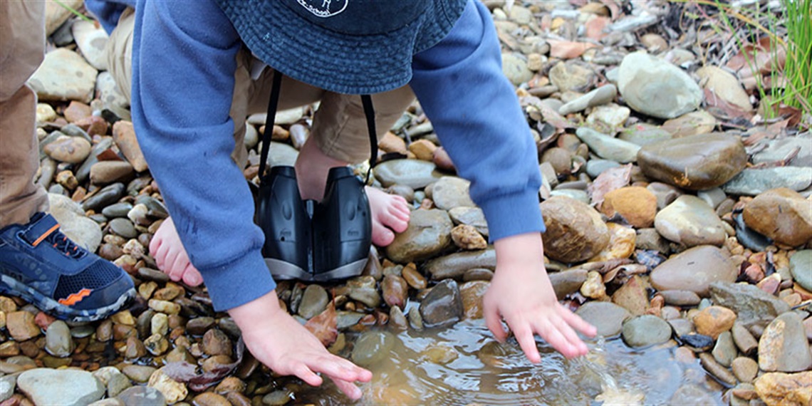 child running their hands through shallow puddle