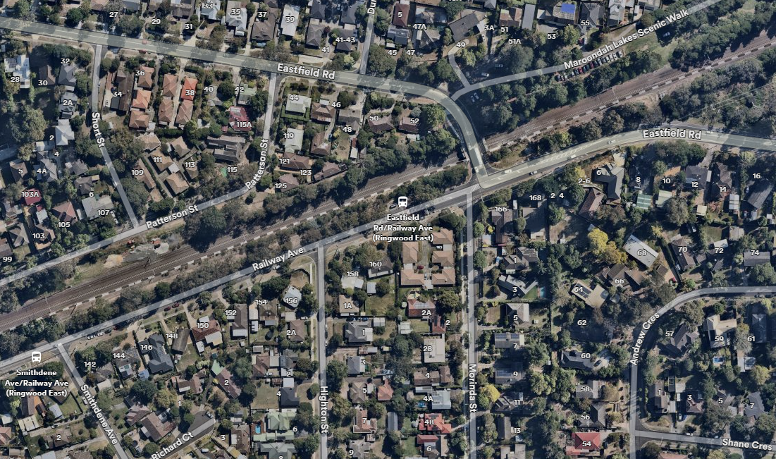 Birds eye view of the intersection of Eastfield Road and Railway Avenue