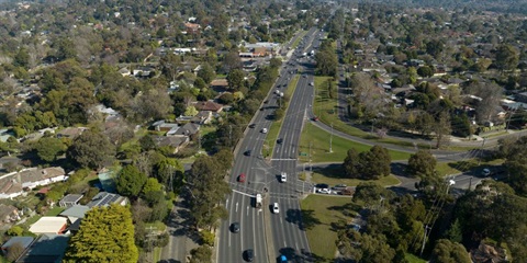 Drone image of the Maroondah Highway and Yarra Road intersection