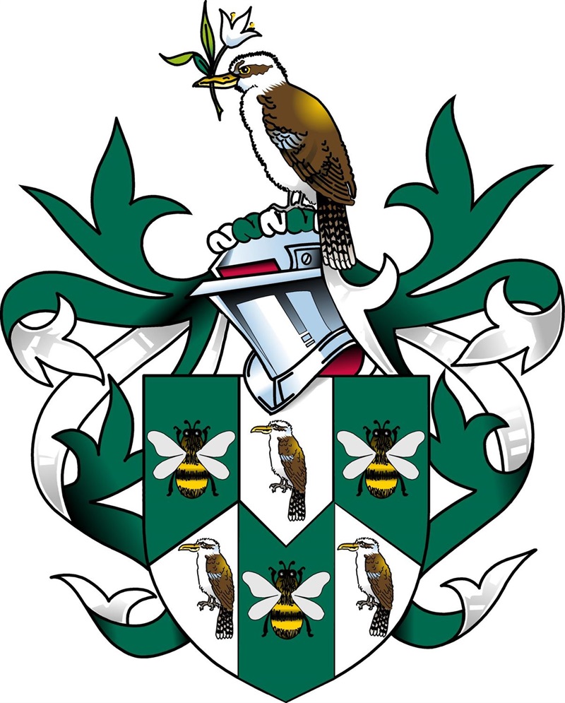 the Maroondah Coat of Arms which depicts Kookaburras and bees on a shield