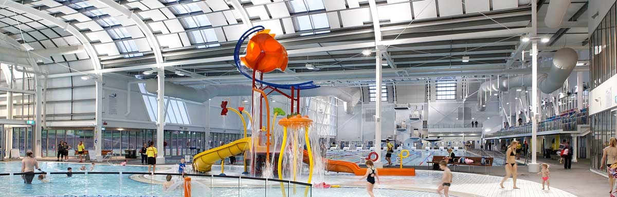 Inside of Aquanation swimming pool, including the play equipment in the children's pool