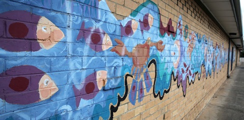 Niki Hassold and community members Croydon Memorial Pool Mural 1998 exterior acrylic paint.jpg