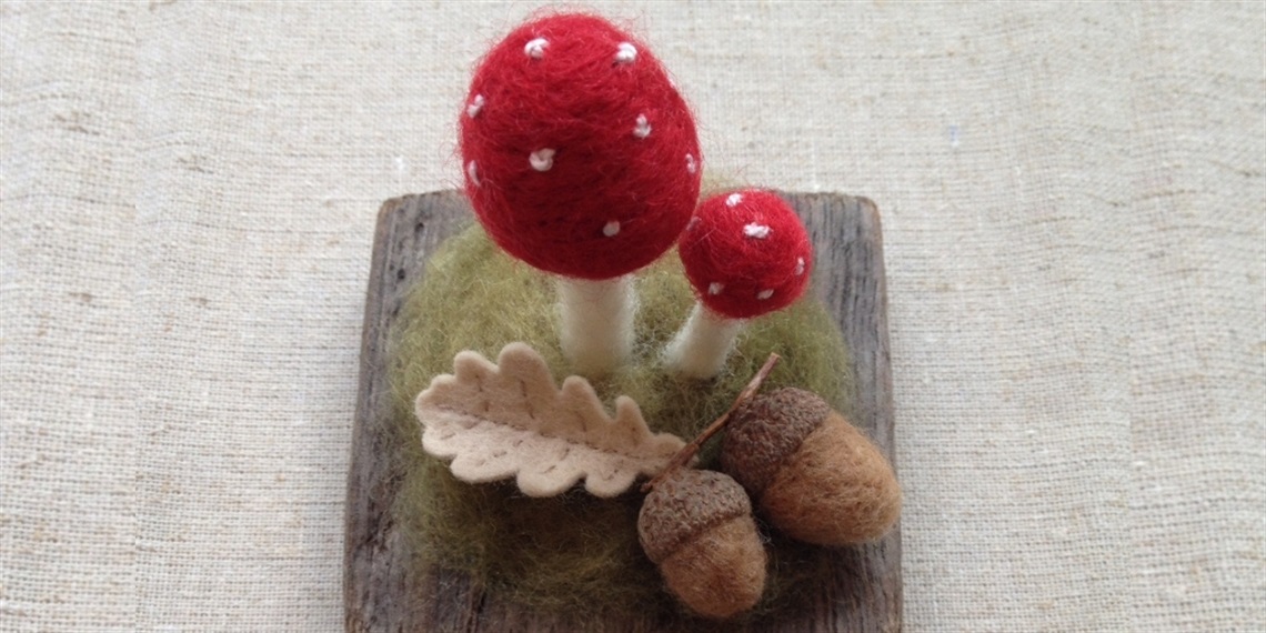 needle felted toadstool and acorns