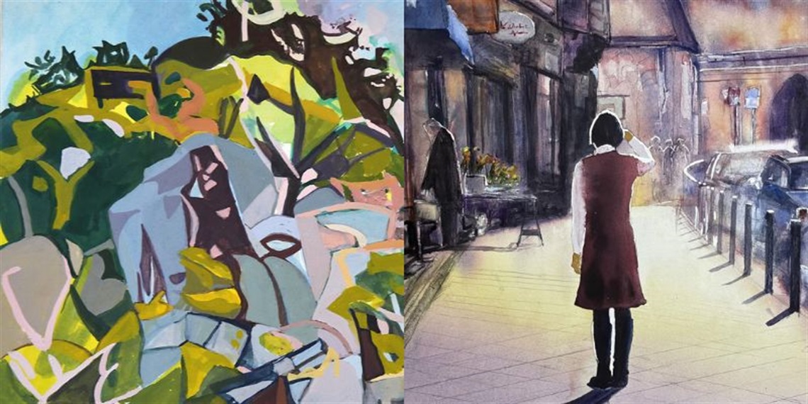 Split image of two artworks: abstract rocky landscape in bold colours and a watercolour street scene with a person walking