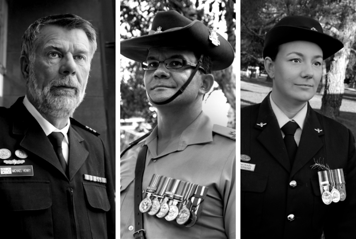 Black and white portraits of three Australian Defence Force members in uniform with medals, shown side by side.