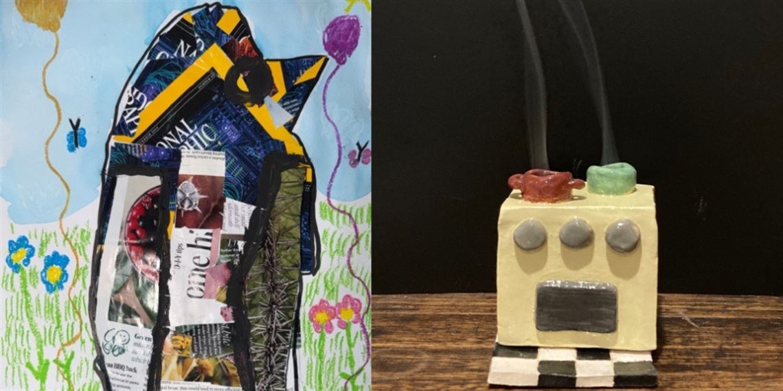 Left image: ‘Smiling Bird’ (detail) by Emily. Right image: ‘Stove’ by Ruby.