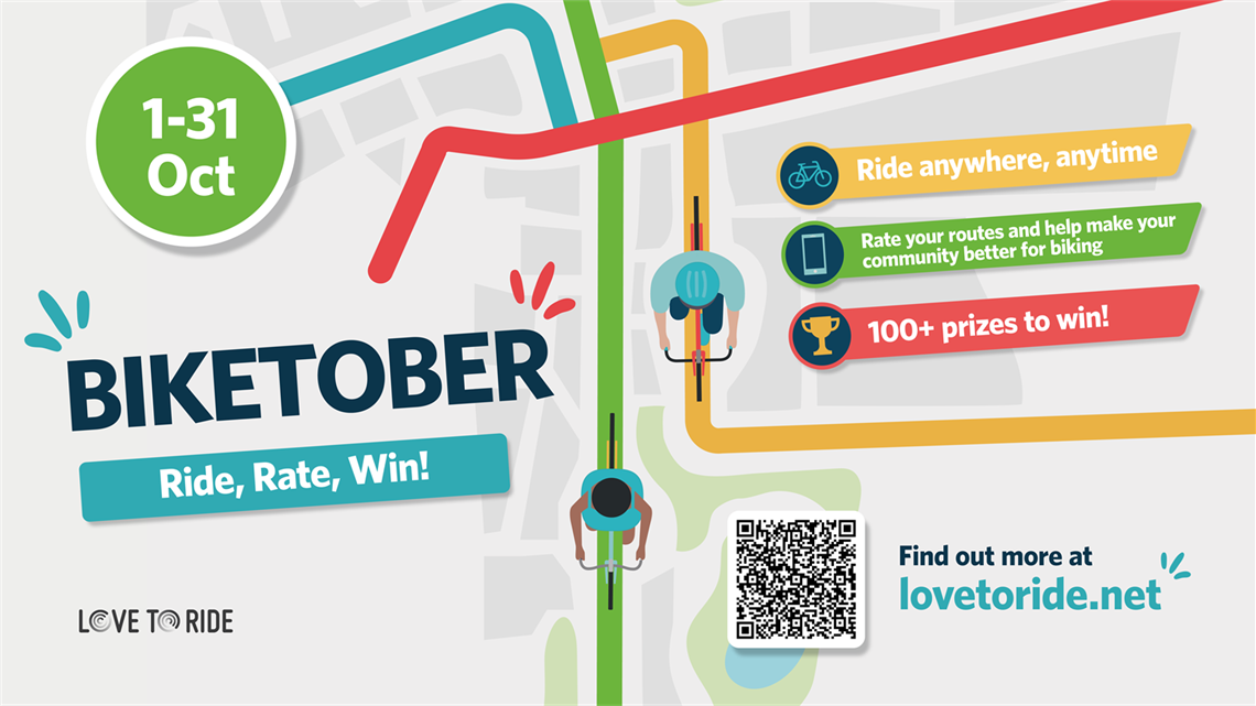 Biketober promotional poster showing cyclists on a map with the message “Ride, Rate, Win!” and dates 1–31 October.