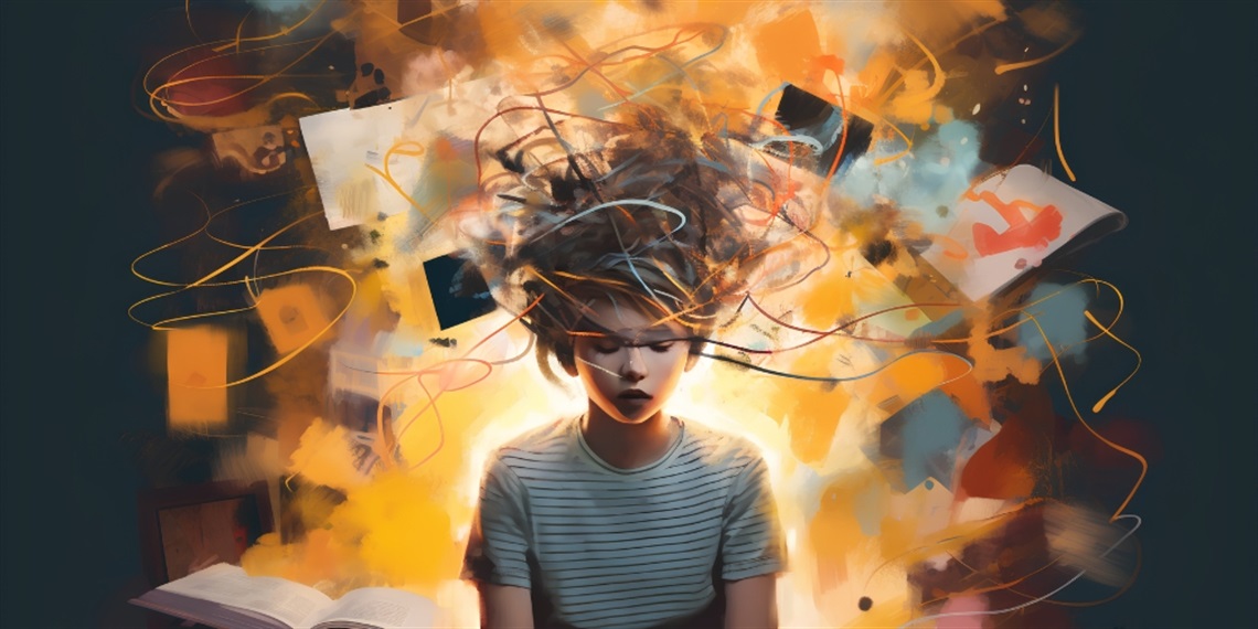 A young person with their eyes closed, while books and colours swirl around their head. Image may have been generated by AI.