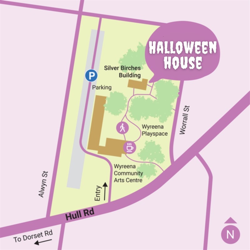 map showing location of Halloween House in correlation to Wyreena Community Arts Centre