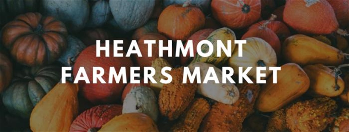 Colouring photo of various vegetables with bold white writing overlaid - Heathmont Farmers Market