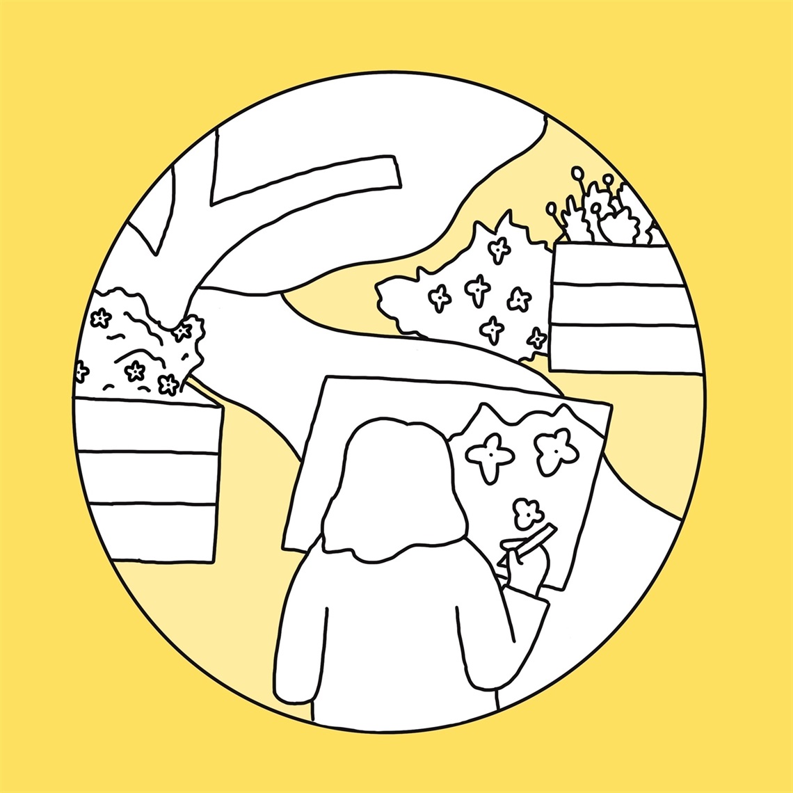 yellow and white cartoon of a person sitting in a garden, painting the flowers in front of them