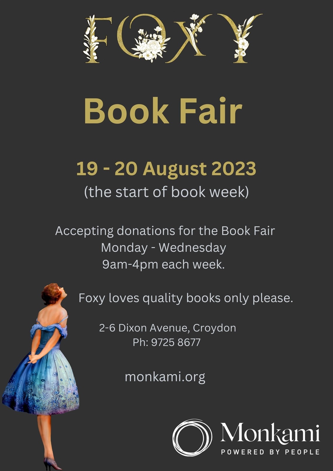 flyer for monkami book fair. Image depicts a young person in a floral blue dress looking up in wonder