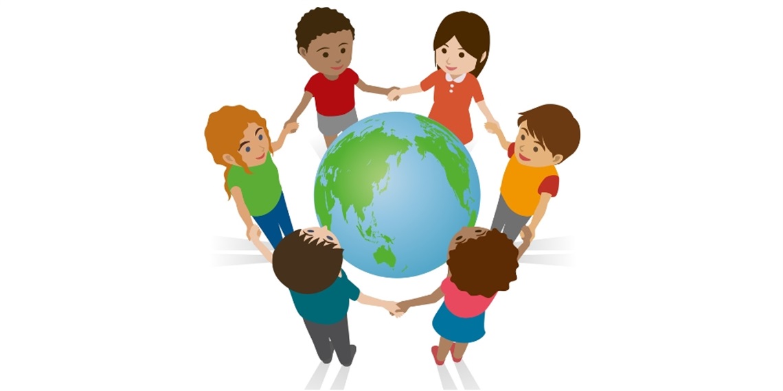 Children holding hands around a globe