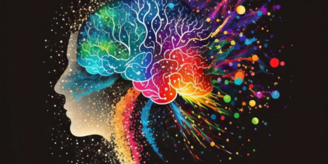 A silhouette of a person with a colourful brain, surrounded by colourful swirls and splashes