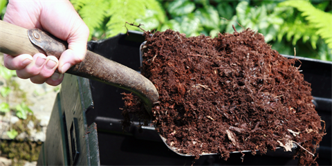 A gardening trowel filled with rich compost