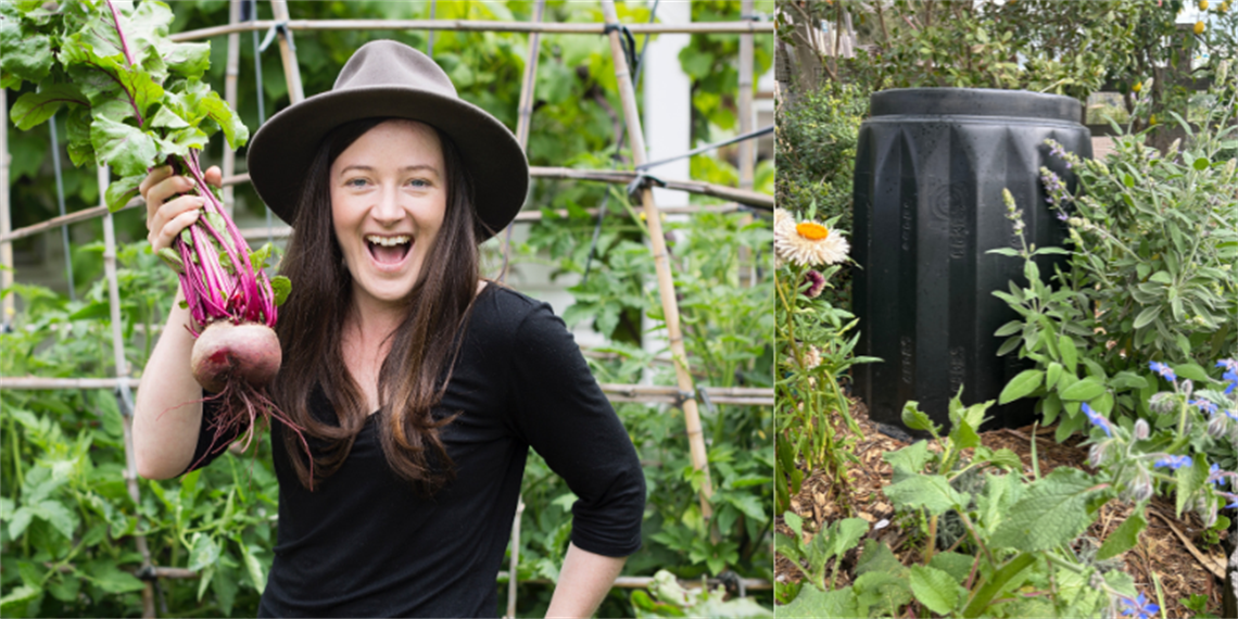 A woman in a hat holding a beetroot in a garden and a compost bin.png