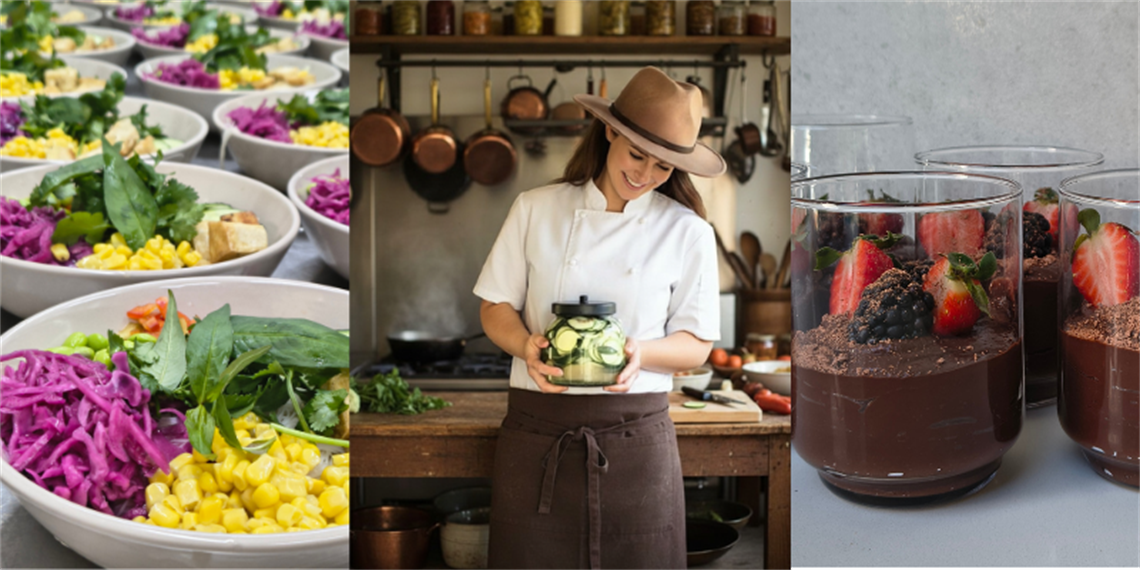 Fermented Mother - cook holding jar of pickles. An image of a chocolate mousse and bowls of salad..png