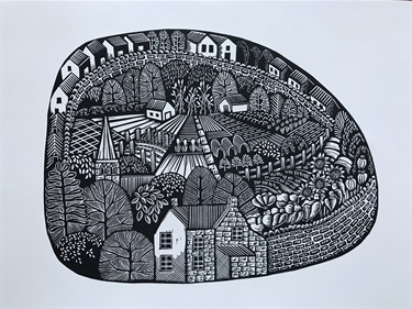 Black and white print of farmland and gardens with houses and crops.