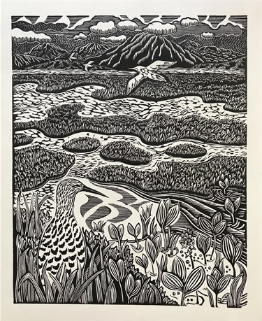 Black and white print of wetlands with birds flying over winding waterways.