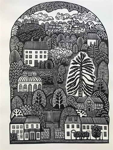 Black and white print of a garden path with a gate, trees and hillside.