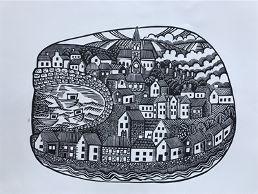 Black and white print of a town beside water with boats and clustered buildings.