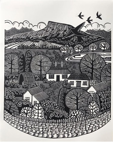 Black and white print of a rural village with fields, trees and distant hills.
