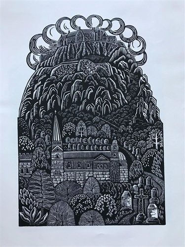 Black and white print of a hillside cemetery and buildings beneath a large house.