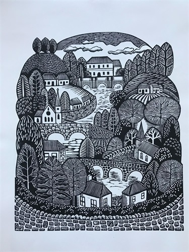 Black and white print of a village scene with bridges, trees and clustered buildings.