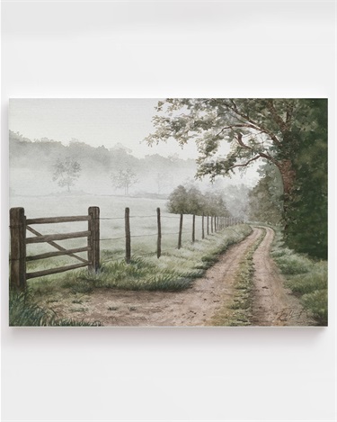 Fenced country road curving through a misty paddock.