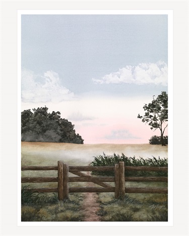 Gate and path beside trees fading into morning mist.