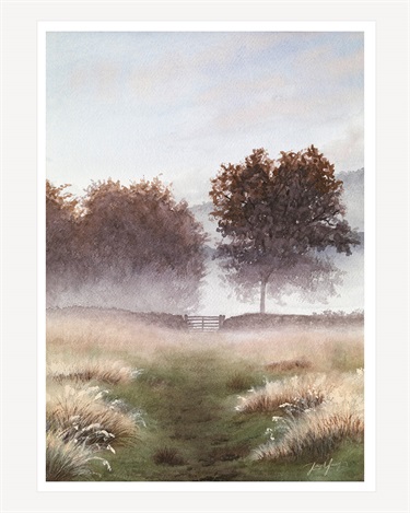 Misty field with two trees and a gate along a grassy path.