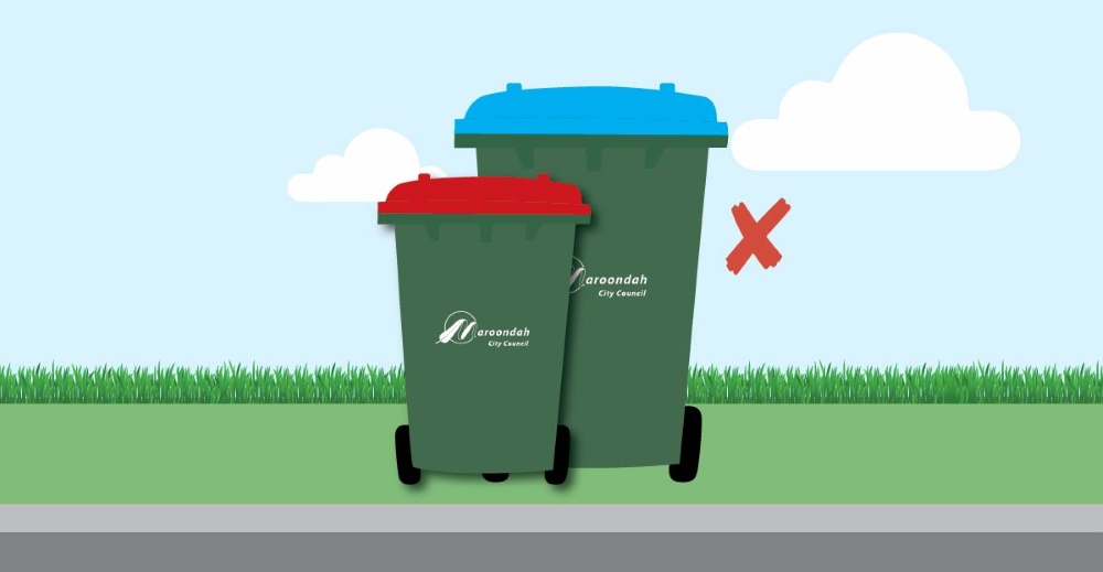 Illustration of two green Maroondah City Council bins placed on a kerb. The smaller bin has a red lid and the larger bin has a yellow lid. A red “X” symbol appears near the bins, indicating incorrect placement.