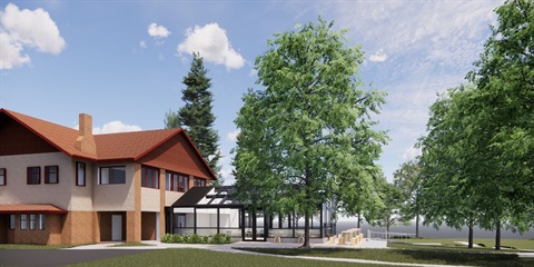 Render of Wyreena building and new conservatory, looking north