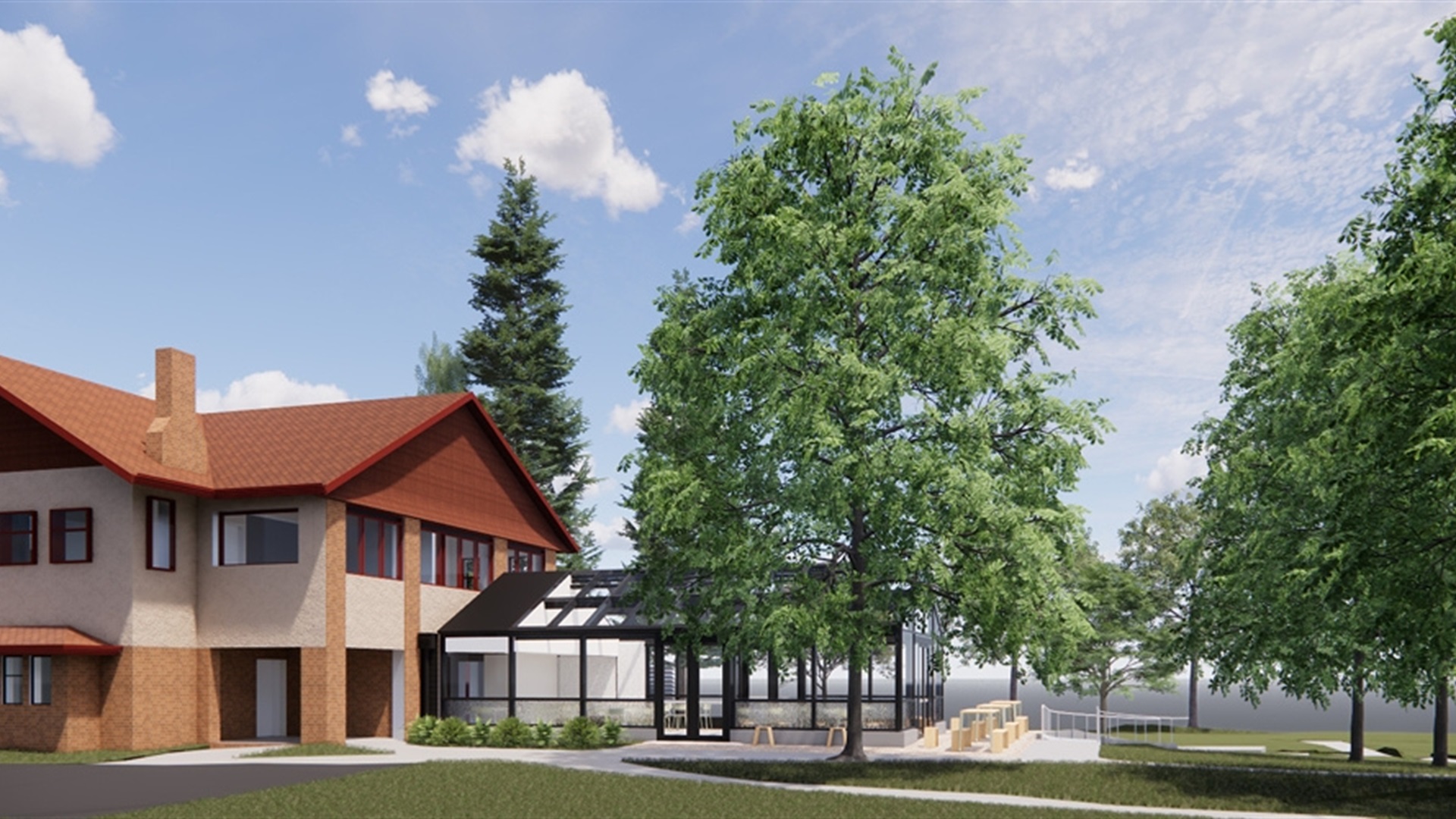 Render of Wyreena building and new conservatory, looking north