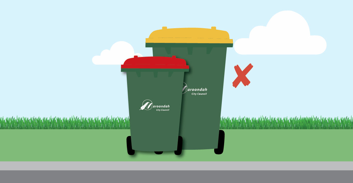 Illustration of two green Maroondah City Council bins placed on a kerb. The smaller bin has a red lid and the larger bin has a yellow lid. A red “X” symbol appears near the bins, indicating incorrect placement.